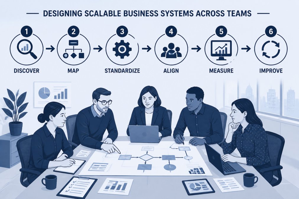 Cross-functional team mapping workflows to support a business growth strategy at a conference table