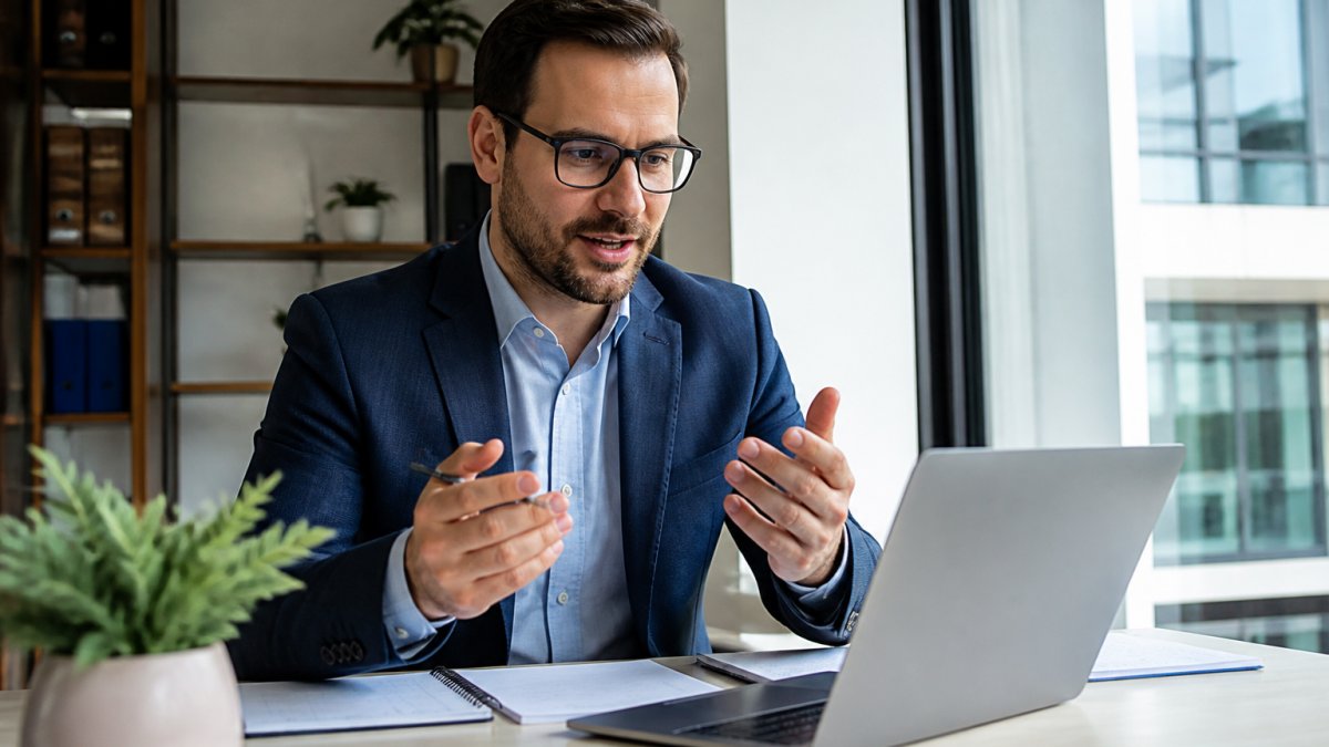 Sales professional conducting a video call to improve sales conversion rates in a modern office workspace